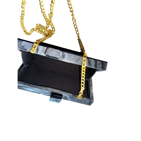 LULU NYC Black White Gold Star Design Small Box Shoulder Bag - Picture 12 of 13